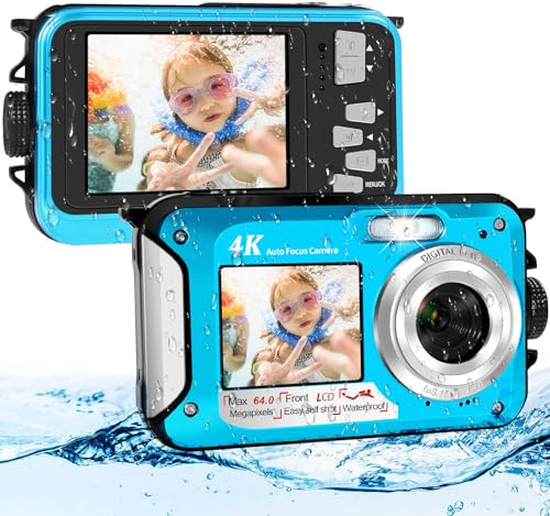 Cámara Acuática 64MP con Tarjeta de Memoria 32GB, Cámara Sumergible 4K con Autoenfoque y Doble Pantalla para Selfies, Sumergible hasta 5 Metros (2 Baterías)