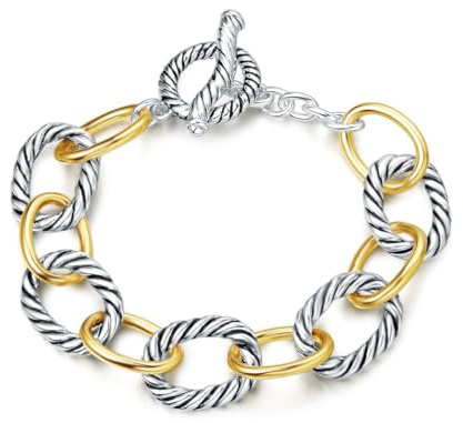 AOSWUD Pulsera de Cordón Trenzado para mujer,Pulseras de eslabones Bicolor con Anillos Dorados y Plateados en estilo Retro,Joyas de Diseño único para mujer