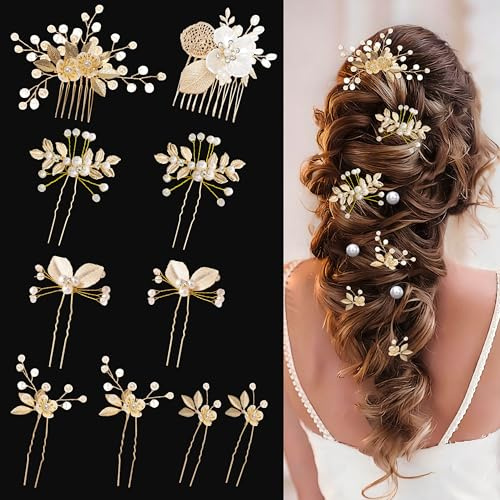 YinnFeen 10 Piezas Adornos de Pelo para Novia, Accesorios de Boda Dorados para el Pelo, Peinetas con Hojas y Perlas Horquillas en U y Tocados para Novias y Damas de Honor