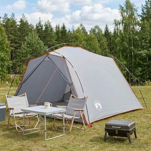 HengCaDa Tunnelzelt Grau und Orange für 4 Personen, wasserdichtes Polyesterzelt mit UV-Schutz, leichtes Campingzelt mit Fiberglasgestänge, winddichtes Outdoor Trekkingzelt für Festival, Strand