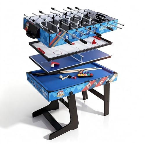 5 In 1 Muliti Sports Game Table, Folding 4FT Combo Table-Soccer Foosball Table, Pool Table, Air Hockey Table, Table Tennis Table,Basketball Great Gifts for Kids (Blue)