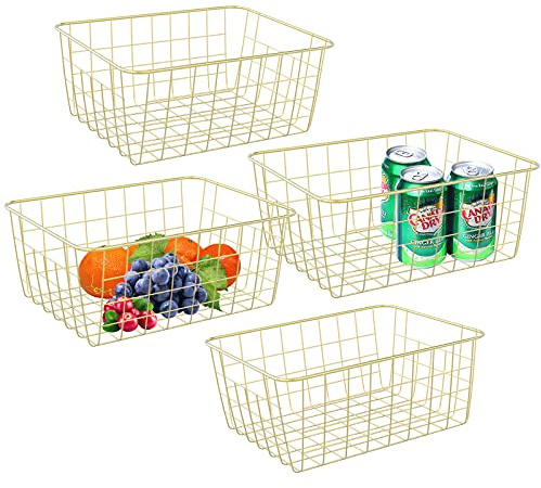 Gold Wire Baskets for Organizing, Metal Storage Baskets with Handles, Sturdiness Small Wire Storage Basket Organizer Bins for Pantry Kitchen Bathroom, 4 Pack