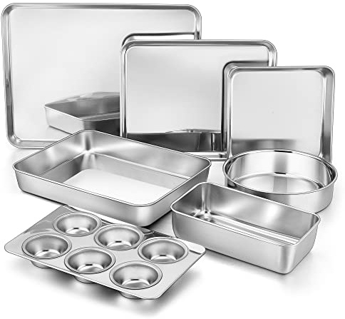 TeamFar Bakeware Sets of 7, Stainless Steel Bakeware Sets for Oven, Baking Sheet & Toaster Oven Pan, Square & Round Cake Pan, Muffin Pan & Loaf Pan, Lasagna Pan, Healthy & Sturdy, Dishwasher Safe