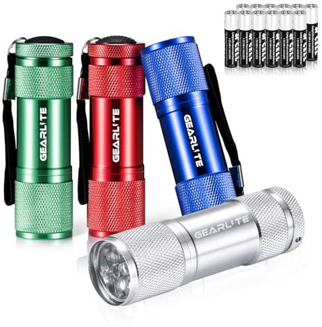 GEARLITE Small LED Torch, 4 Pack Small Torches LED Super Bright with 9 LEDs, Colorful Mini Pocket Torch Flashlight for Kids Adult Camping Hiking Outdoor Gifts, 12 AAA Batteries Pre-Installed