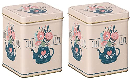 tea4chill 2 Stk Teedosen für losen Tee 200g, Gewürzdosen Just Love, Metall, eckig mit Scharnierdeckel, vintage Design, 88 x 88 x 115mm (LxBxH)