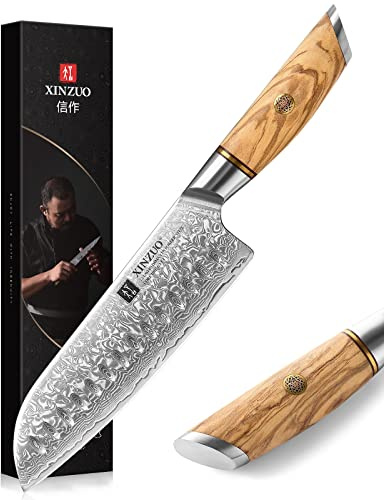 XINZUO 7 Inch Santoku Knife, Super Sharp 73 Layers Damascus Steel Kitchen Knife, Professional Chef Knife with Olive Wood Handle, Gift Box