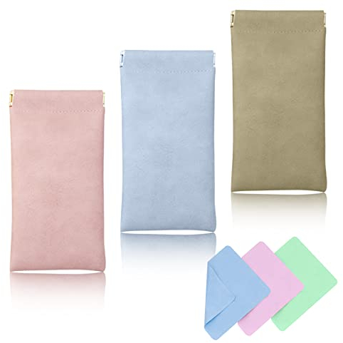 NCOALE Brillenetui Weich, 3 Stück PU Leder Sonnenbrillen Etui Brillenhülle Damen mit Brillenputztuch, Quetschoberteil Sonnenbrille Brillen Etui Tragbar Brillentasche Flach Brillenbeutel