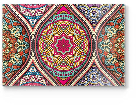 DEQORI Schneidebrett aus Glas | groß 30x20 cm | Motiv Schematische Mandala | Design Schneideplatte für Küche | Frühstücksbrett antibakteriell & rutschfest | Glasplatte & Servierplatte