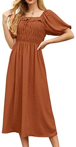 GRECERELLE Womens Summer Casual Midi Maxi Dress Square Neck Half Sleeve Ruffled Backless Smocked Elastic Waist Swiss Dot Cocktail Long Dresses for Ladies (Orange, L)