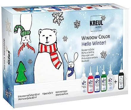 KREUL 42853, Window Color Set Hello Winter, 6 x 80 ml colori per finestre, include contorno nero, set completo con colori brillanti, glitter e modelli