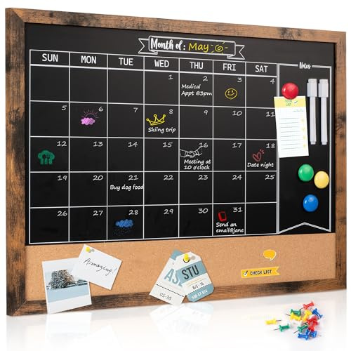 Board2by Monthly Chalkboard Calendar & Cork Board for Wall, 18 x 24 Magnetic Chalk Calendar Board Combo Board, Wall Mounted Combination Board Blackboard with Pens for Office, Kitchen, School, Home