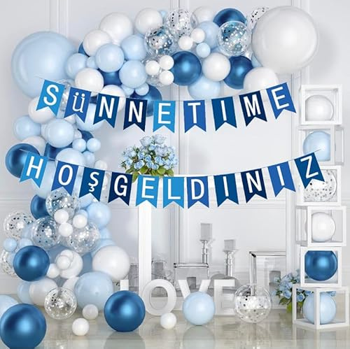 Sünnet Decoration, Balloon Set for Pruning Party, Balloon Garland Blue/White with Sünnetime Hosgeldiniz Bunting, Flag Chain, Bunting Banner, Party Decoration, Dekorasyon