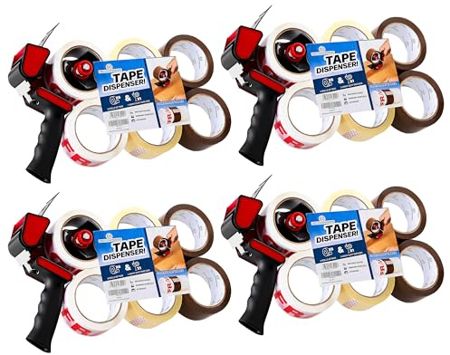 Paketklebeband mit Handabroller Set, Handheld Paketbandabroller und Rollen Paketklebeband zum Verpacken Extra Strong PVC-Klebebändern (Spender Gemischt, 4er-Pack)