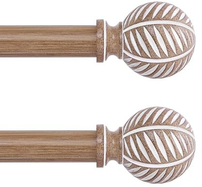 HTZON Boho-Gardinenstange, 71,1 bis 121,9 cm, verstellbar, Kunstholzmaserung, Blätter, Landhausstil, rustikal, strapazierfähig, braun, 45,7–114,3 cm, 2 Stück