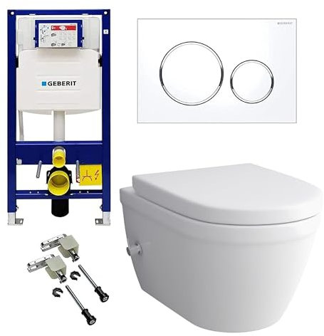 Alpenberger Hänge WC Komplettset | Taharet WC mit Armatur | WC Sitz mit Absenkautomatik | Spülkasten Bausatz Betätigungsplatte | Vorwandelement WC Set Komplett | Passend Geberit (8250 U)