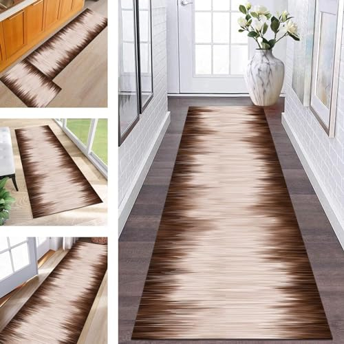 Wassly Teppich Läufer Lang Flur rutschfest waschbar Teppichmatte Küchenläufer 100X250CM Braun Weiß Korridor Läufer Teppich Küchenmat Meterware Flurteppich Dauerhaft Wohnzimmer Schlafzimmer Esszimmer