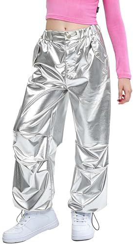 LOLANTA Niñas Pantalones de Cuero Metálico Brillante Traje de Baile Hip Hop Retro Pantalones Cargo con Cintura Elástica, Plata, 10-11 años, 150
