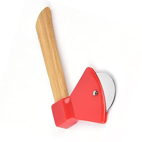 aqxreight Coltello Pizza Acciaio 430 Manico bambù Ascia Tonda Ergonomica Tagliapizza Casa Ristoranti (Rosso)