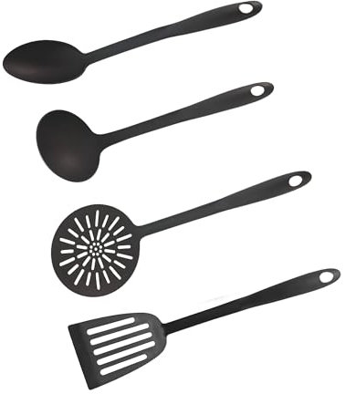 Fackelmann Set de 4 Utensilios de Cocina, Incluye Espumadera, Cuchara de Servir, Cazo y Paleta, Poliéster de Alta Resistencia, Aptos para Lavavajillas, Color Gris Claro