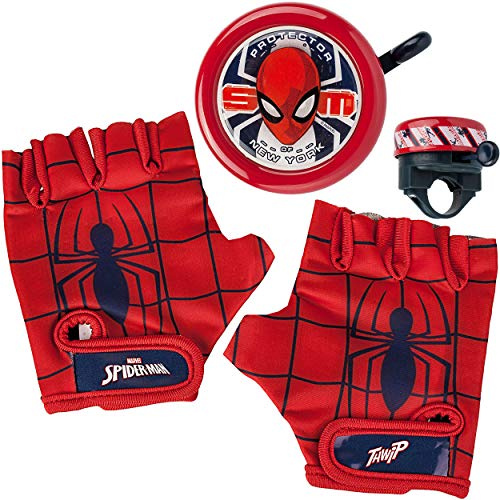 alles-meine.de GmbH 3 TLG. Set: Fahrradklingel + Fahrradhandschuhe - Spyderman - Ding Dong - 2 Klang - stabiles Metall - UNIVERSAL Klingel für das Fahrrad/Jungen Mädchen - klei..