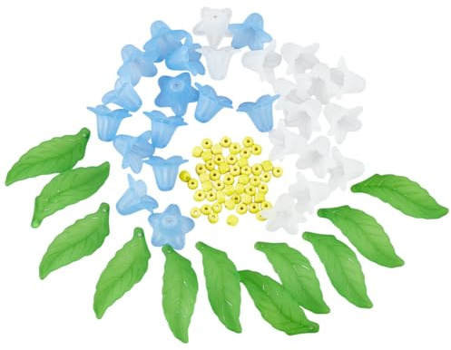 SUPERFINDINGS 160Pcs Acrylic Flower Leaf Beads Tulip Beads Transparent Flowers Leaves Beads Caps Blue White Flower Plastic Beads with Green Leaves Yellow Pistil Beads for Jewelry Making DIY