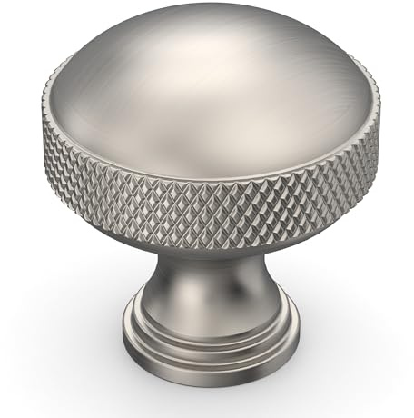Amerdeco 10 Pack Brushed Satin Nickel knurled Cabinet Knobs Single Hole Cabinet Pulls 1.18 Inch (30MM) Diameter Round Drawer Knobs and Pulls for Bathroom Cabinets AM032