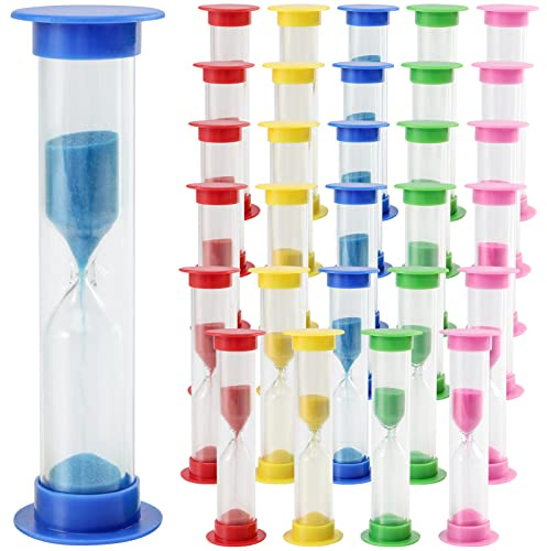 FAAING 30 Stück Buntes Sanduhren Set, 3 Minuten Sanduhr, Farbige Sanduhren aus Kunststoff, Kleine Timer Sanduhr zum Zählen, Kochen