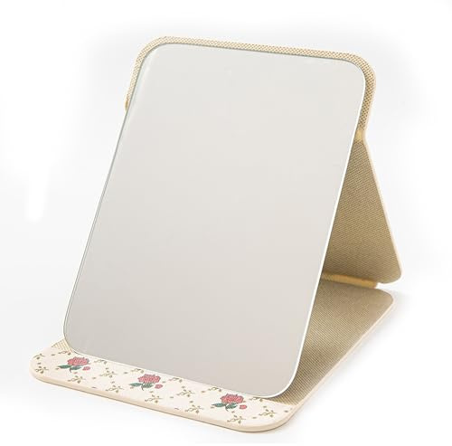 Shunshi Tragbarer Klappspiegel, 16,4 x 11 cm, Taschenspiegel, Reise-Make-up-Spiegel mit verstellbarem Ständer, klappbarer Tischspiegel mit PU-Leder, Schreibtisch-Schminkspiegel für Bürotisch