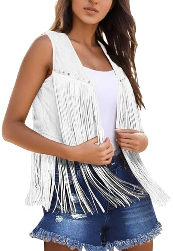 Generisch 2025 - Chaleco de mujer con flecos sintético abierto frente abierto chaleco vintage sin mangas ropa hippie de los años 70 chaqueta boho western chaqueta larga de forro polar, Blanco, XL