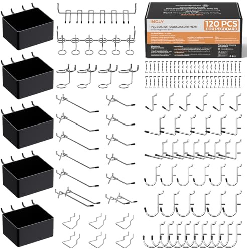 INCLY 120PCS Pegboard Accessories Organizer Kit, Peg Board Hooks Assortment with Bins for Organizing Various Tools, Fit 1/8 or 1/4 inch Pegboard for Hanging Storage, Garage Wall Attachments