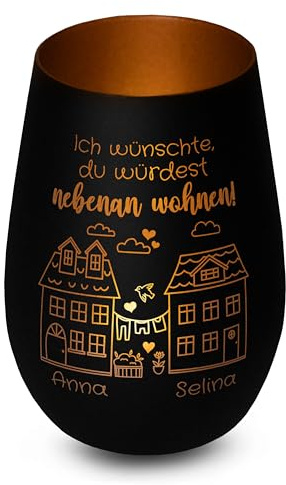 Windlicht „Ich wünschte, du würdest nebenan wohnen!“ personalisiert mit Namen - Glas mit Gravur - Geschenk für Beste Freundin BFF - Freundschaftsgeschenk, Abschiedsgeschenk - Schwarz, innen Bronze