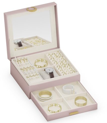 ADEL DREAM Schmuckkästchen Schmuckaufbewahrung Damen Mädchen Reise Klein | Ausziehbares Tablett, großer Spiegel, flexible Facheinteilung für Ringe, Ohrringe, Halsketten und Accessoires Rosa