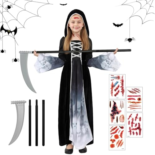 Halloween Costume Mietitore Bambina, Vestito Halloween Bambina Scheletro, Costume Halloween Morte con Falce Adesivi Insanguinati, Costumi Grim Reaper Bambini per Halloween Carnevale Cosplay (S)