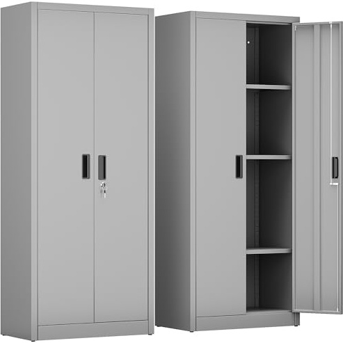 FlairVibe Armario de almacenamiento de metal con 2 puertas y 3 estantes ajustables, armario de almacenamiento con cerradura de 170 cm, garaje, hogar, oficina, fácil de montar (gris)
