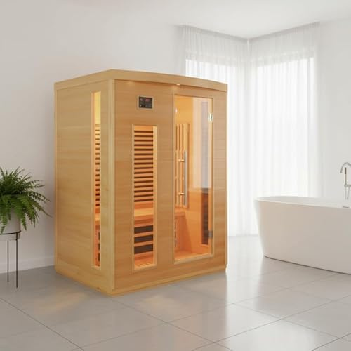 SNÖ Sauna Infrarouge Intérieur 3 Places 2250W | Bois Hemlock, Panneaux Carbone, Chromothérapie | Bluetooth, Ionisateur, Éclairage LED | Dimensions 142x45cm