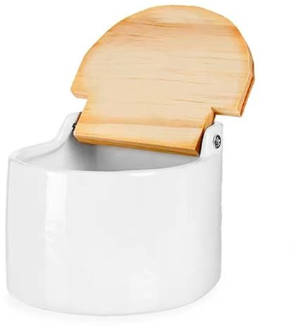 Salero de Cocina de Cerámica Semicírculo con Tapa Abatible de Madera, Tarro Multiusos para Sal, Azúcar y Especias, Diseño Elegante y Resistente, Ideal para el Hogar y Restaurante, Blanco