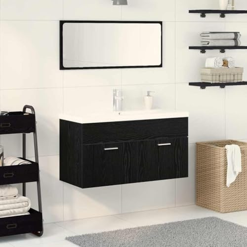 Armadietto da bagno sotto il lavandino, set di mobili da bagno, montato a parete, 3 pezzi, colore nero, effetto rovere, mobiletto con cassetti per sotto lavandino, lavello, mobiletto da bagno