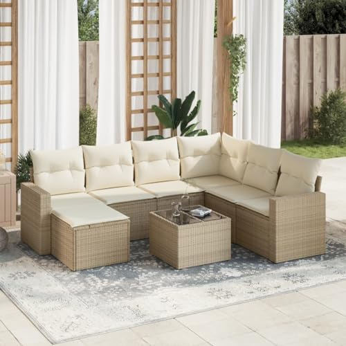 Owoxanthellate 8-TLG. Gartenlounge Beige, Poly Rattan Sofa Garnitur 62x62x69 cm mit Hocker, Glas-Tisch, wetterfestes Design und Stauraum für Balkon, Terrasse und Wintergarten