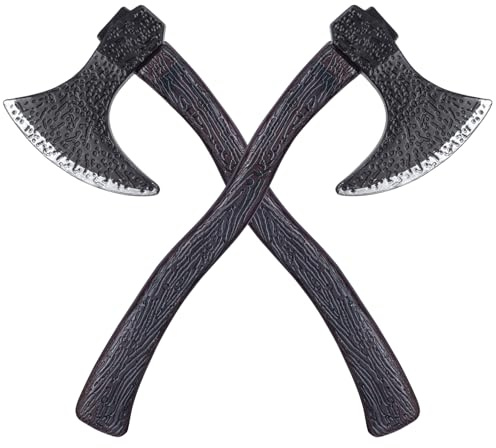 Lot de 2 haches viking en plastique - Accessoires de costume viking - Hache de bûcheron d'Halloween - Cosplay, Noir et argent., 47cm/18.50In