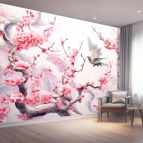 Générique Papier Peint Chinois Traditionnel Fleurs Fleurs De Cerisier, Blanc Papier Peint Photo Fresque Murale Décoration Décor Imprimé Tissu pour Salon Chambre à Coucher 250 x 175 cm（WxH