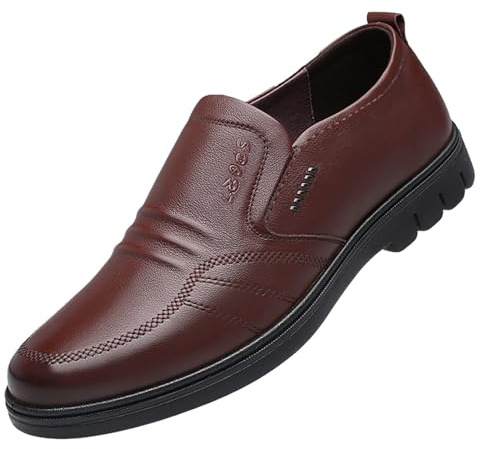 2026 Zapatos de cuero para hombre, estilo casual de moda, nuevo slip-on con fondo plano suela suave, cómodo slip-on, talla grande, marrón, 39 EU