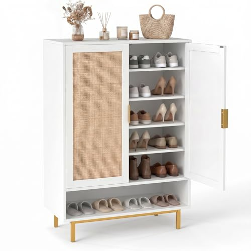 COSTWAY Shoe Cabinet with 2 Rattan Doors, 6-Tier Shoe Cupboard (White) | Adjustable Shelves, Compartment, Freestanding Wooden Footwear Rack Shoes Storage Organiser, for Hallway Entryway, 75x35x108cm