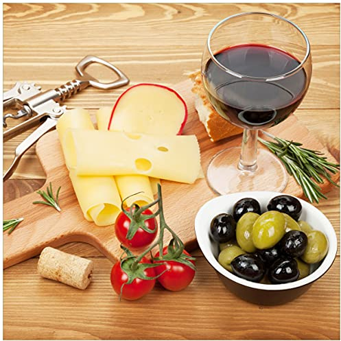 Wallario Sticker/Aufkleber für Kühlschrank/Geschirrspüler/Küchenschränke, Selbstklebende Folie - 60 x 60 cm, Motiv: Genuss am Abend - Rotwein, Käseplatte, Oliven und Tomaten