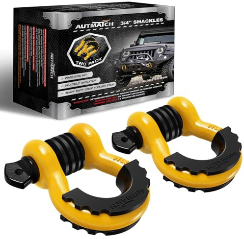 AUTMATCH D Ring Shackle 3/4 Shackles (2 Pack) 41,887Ibs Break Strength with 7/8 Screw Pin and Shackle Isolator Washers Kit for Tow Strap Winch Off Road Vehicle Recovery Yellow & Black