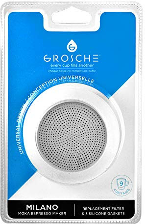 Stovetop Espresso maker replacement silicone 9 espresso cup size gasket seals (3 seals) & 1 replacement filter screen for GROSCHE Milano moka pots. replacement gasket 9 cup silicone seals & filter kit