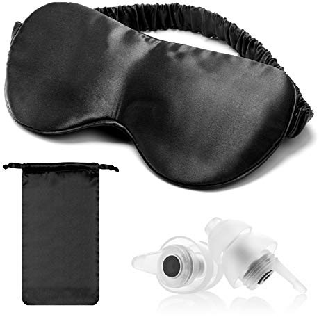 Hearprotek Seide Schlafmaske, 100% Mulberry 22 Momme Seide Augenmaske für schlafende Frauen/Männer, weiche & komfortable Schlafmaske mit Ohrstöpsel und eine Satin Reisetasche Schwarz