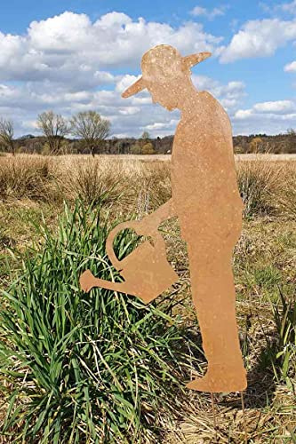 KUHEIGA Gartenstecker Edelrost mit Gießkanne Rost Höhe: 45cm Gartenfigur Gartendeko
