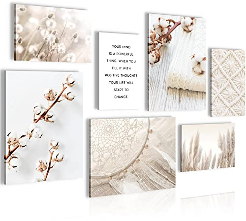 Novart Wandbilder Boho Pampasgras - KOMPLETT AUFHÄNGFERTIG - Beige Vintage Wohnzimmer Schlafzimmer Flur - 7 Moderne Mood-Bilder - N009171a