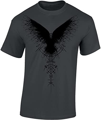 Baddery Wikinger T-Shirt Herren - „Schattenrabe“ (Dark Grey 4XL) | Viking Shirt Männer - Nordisches Raben Shirt