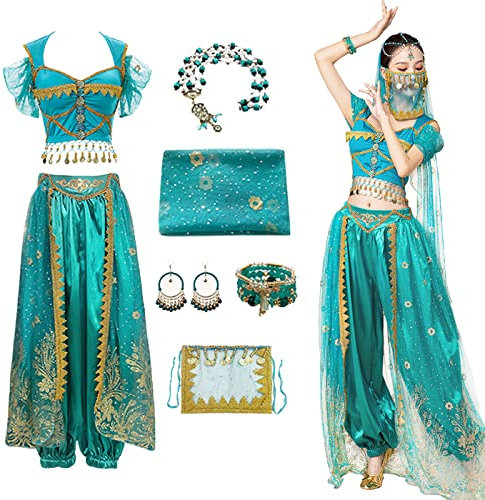 YEAJION Damen Prinzessin Jasmin Kostüm mit Zubehör Prinzessin Aladdin Cosplay Kostüm Bauchtanz Outfit Halloween Karneval Party Bühnenauftritt Kostüm für Erwachsene